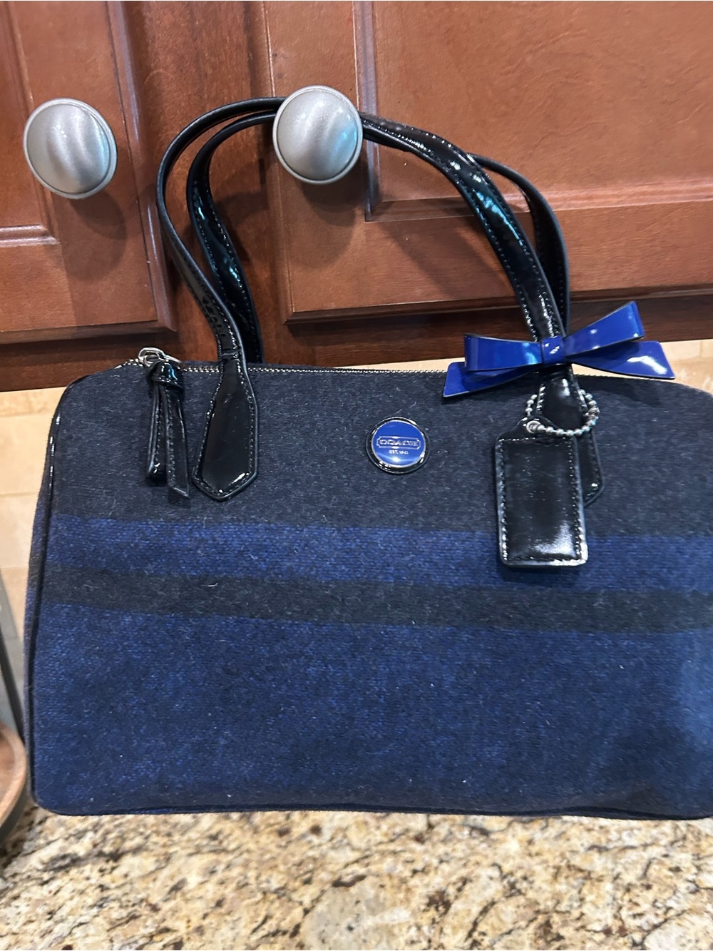 Coach Wool Stripe F24784 Charcoal Cobalt Blue Satchel Handbag Purse Rare